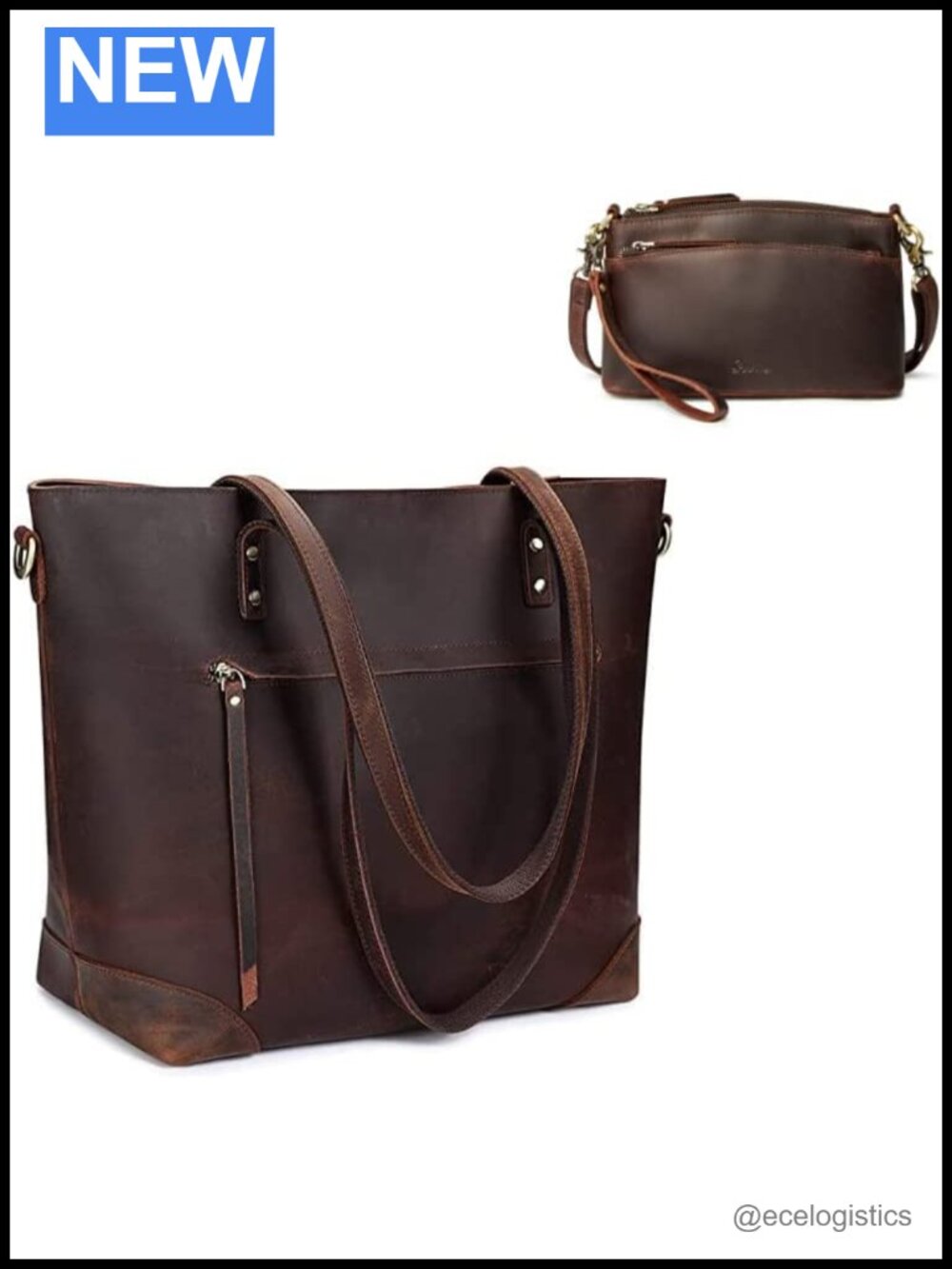 Vintage Genuine Leather Tote Bag with Wristlet Purse Set